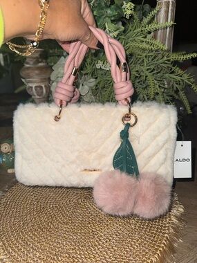 2fer ALDO Faux-Fur Satchel w/ Braided Handles, Leaf Tassel & Juicy Card Holder